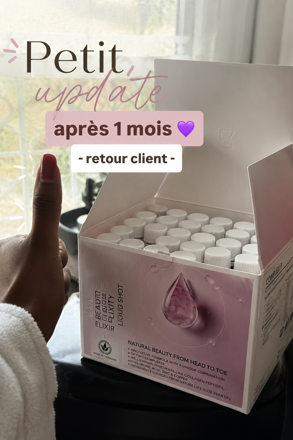 Retour d’une cliente après un mois avec le Beauty Elixir